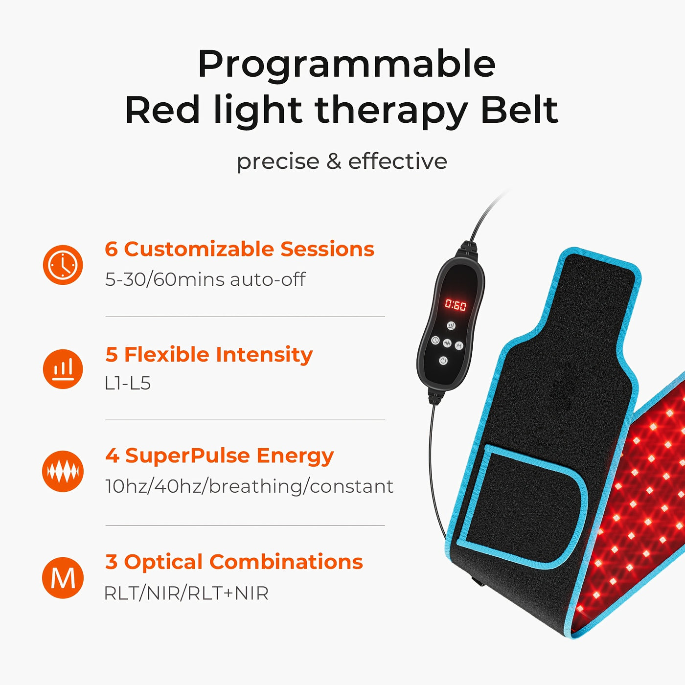 100 LED Red & Infrared Light Relaxation Massage Belt for Muscle Relaxation and Recovery, Adjustable Brightness (5 Levels), Timer Function (0-30 Min), USB Powered, Black with Blue Accents, Ideal for Waist, Back, and Full Body Relie