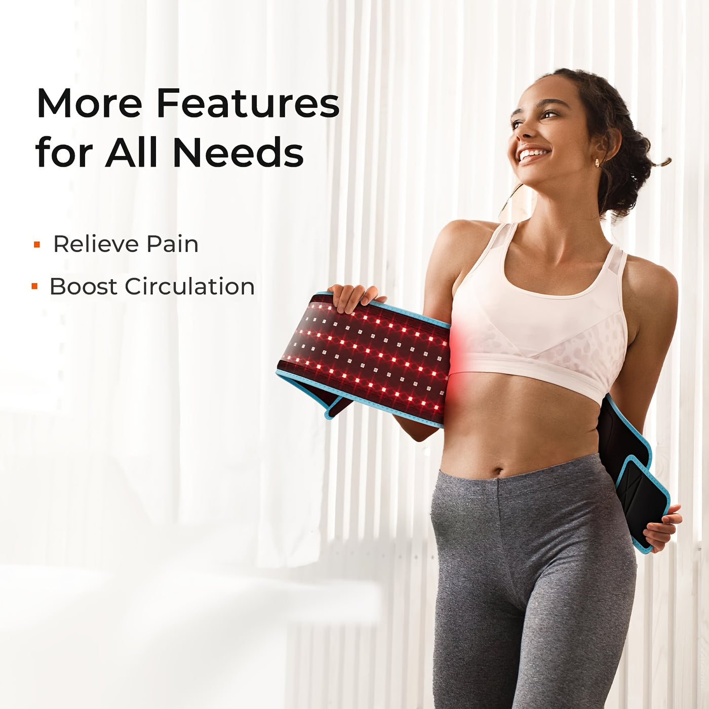 100 LED Red & Infrared Light Relaxation Massage Belt for Muscle Relaxation and Recovery, Adjustable Brightness (5 Levels), Timer Function (0-30 Min), USB Powered, Black with Blue Accents, Ideal for Waist, Back, and Full Body Relie
