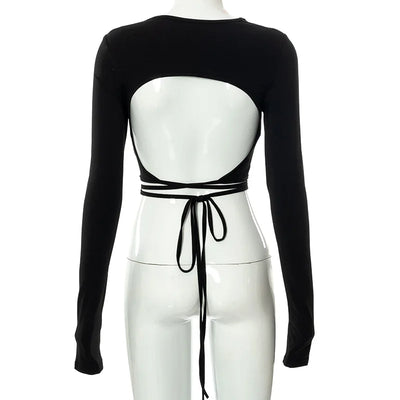 Sexy Backless Lace ups Pullover Tees Women Autumn Black O-neck Slim Longsleeve Short T-Shirt