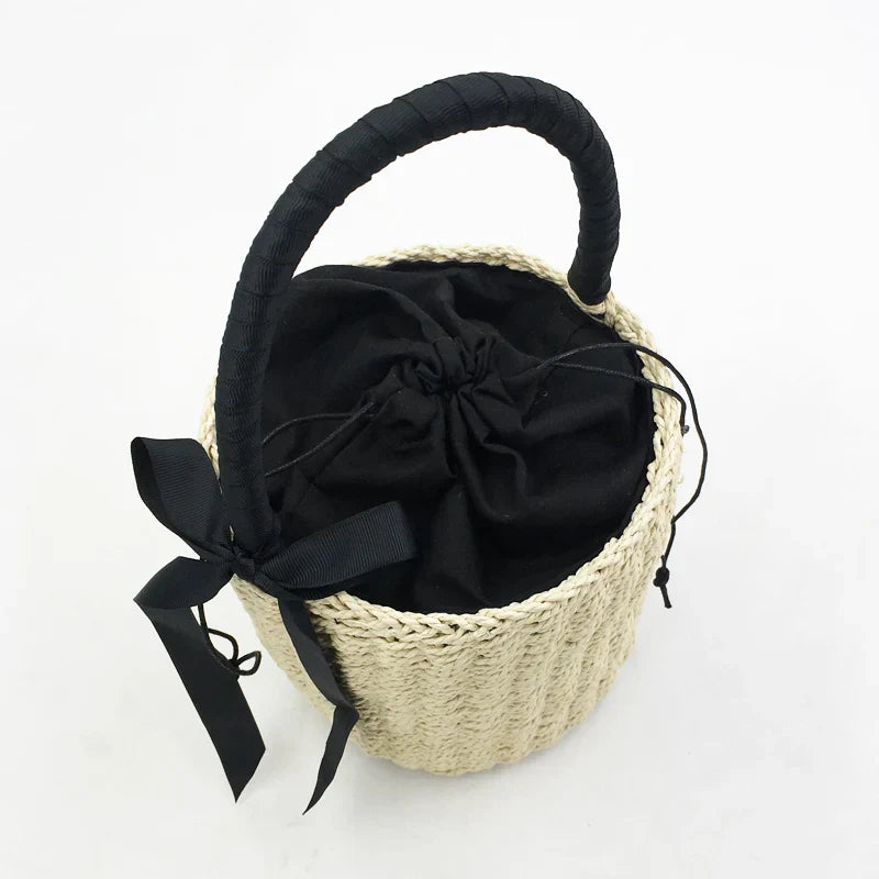 Handmade Women's Handbag Bucket Straw Bag Female Summer Beach Bags Bohemia Woven Bow Top-handle Tote Knitted Drawstring Basket