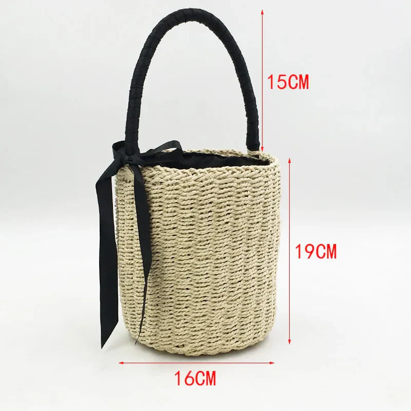 Handmade Women's Handbag Bucket Straw Bag Female Summer Beach Bags Bohemia Woven Bow Top-handle Tote Knitted Drawstring Basket