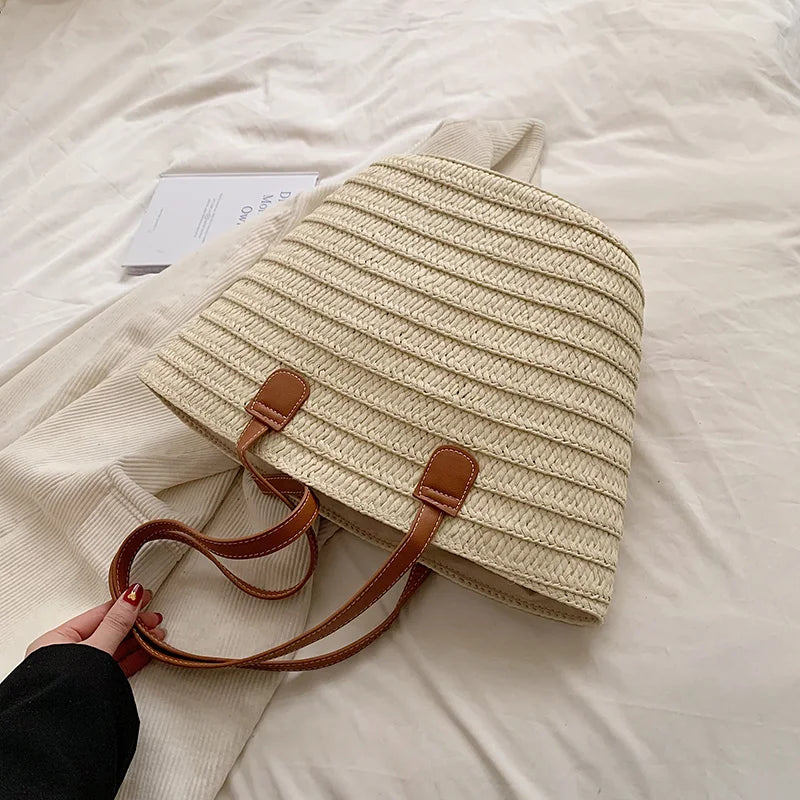 Women Braided Basket Clutches Top-handle Bag Large Straw Portable Shoulder Bag Summer Beach Party Purses Shopper Satchel Female