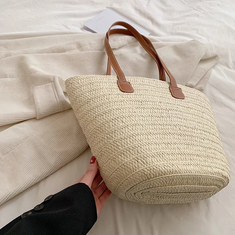 Women Braided Basket Clutches Top-handle Bag Large Straw Portable Shoulder Bag Summer Beach Party Purses Shopper Satchel Female