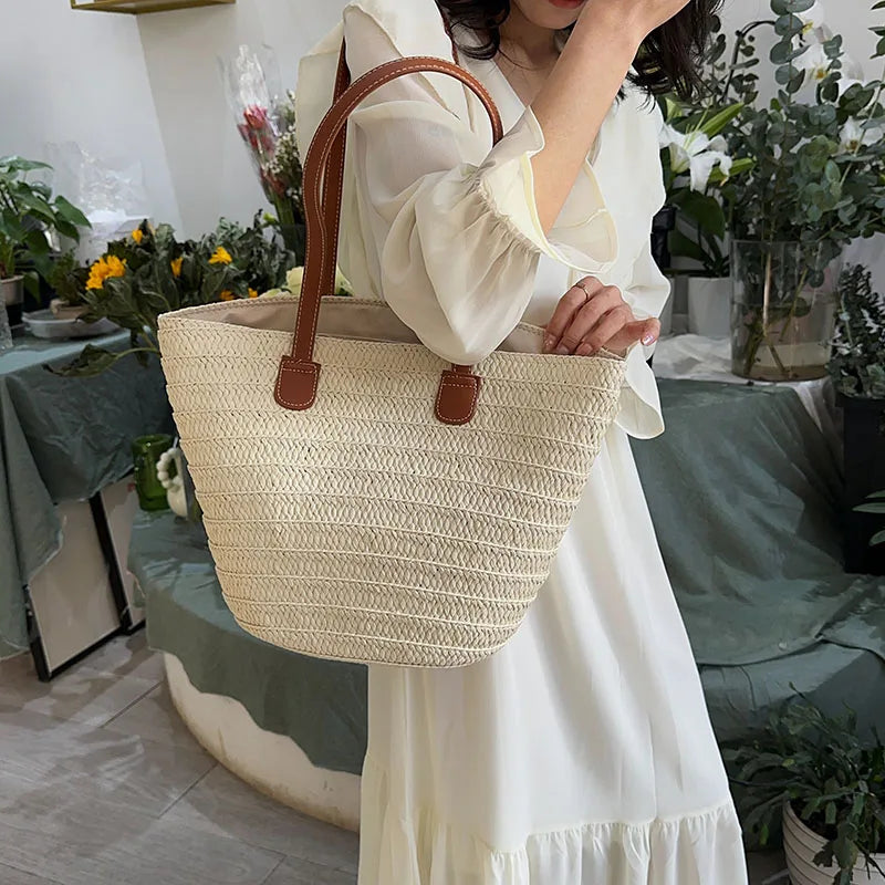 Women Braided Basket Clutches Top-handle Bag Large Straw Portable Shoulder Bag Summer Beach Party Purses Shopper Satchel Female