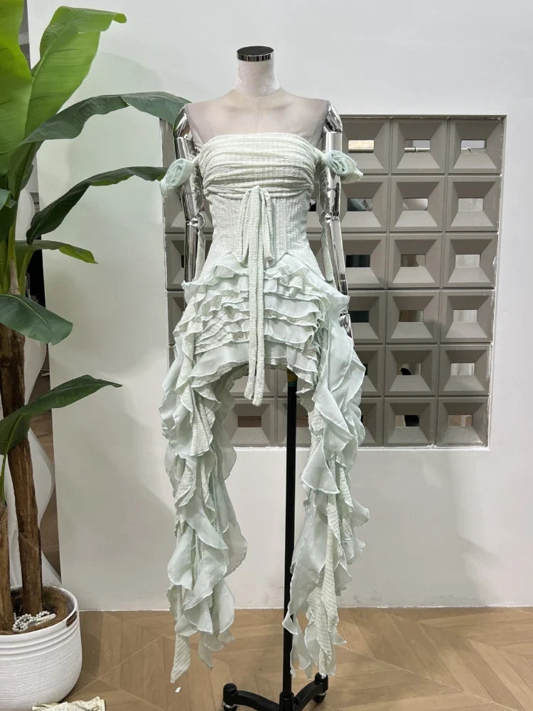 Women Ruffles Draped Dress Three Piece Sets Sexy Halter Neck Folds Ruffled Dress+Lace-up Corset Top+Shorts Suits Party Cocktail