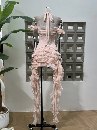 Women Ruffles Draped Dress Three Piece Sets Sexy Halter Neck Folds Ruffled Dress+Lace-up Corset Top+Shorts Suits Party Cocktail