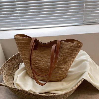Women Braided Basket Clutches Top-handle Bag Large Straw Portable Shoulder Bag Summer Beach Party Purses Shopper Satchel Female