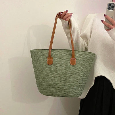 Women Braided Basket Clutches Top-handle Bag Large Straw Portable Shoulder Bag Summer Beach Party Purses Shopper Satchel Female