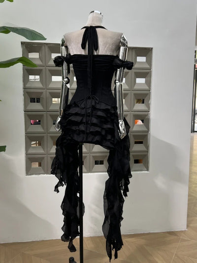 Women Ruffles Draped Dress Three Piece Sets Sexy Halter Neck Folds Ruffled Dress+Lace-up Corset Top+Shorts Suits Party Cocktail