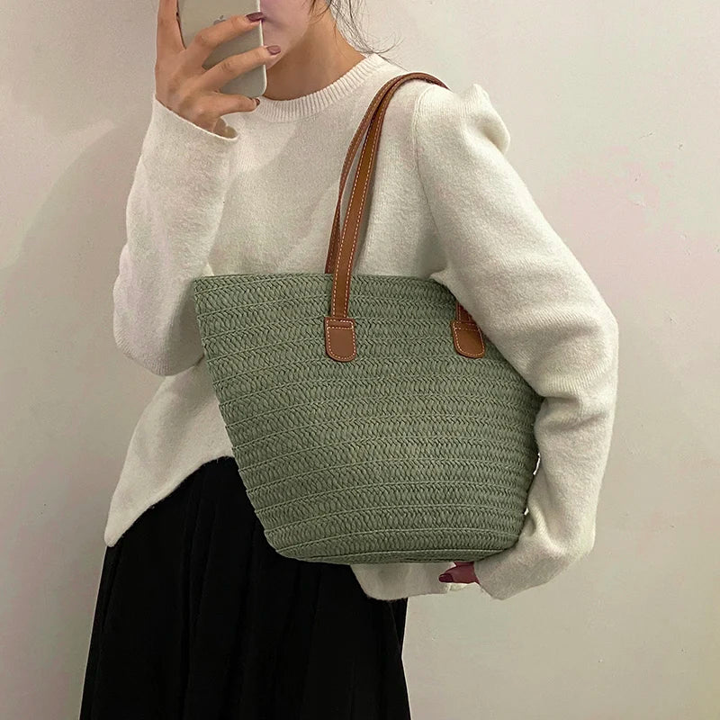 Women Braided Basket Clutches Top-handle Bag Large Straw Portable Shoulder Bag Summer Beach Party Purses Shopper Satchel Female