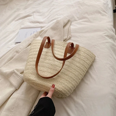 Women Braided Basket Clutches Top-handle Bag Large Straw Portable Shoulder Bag Summer Beach Party Purses Shopper Satchel Female