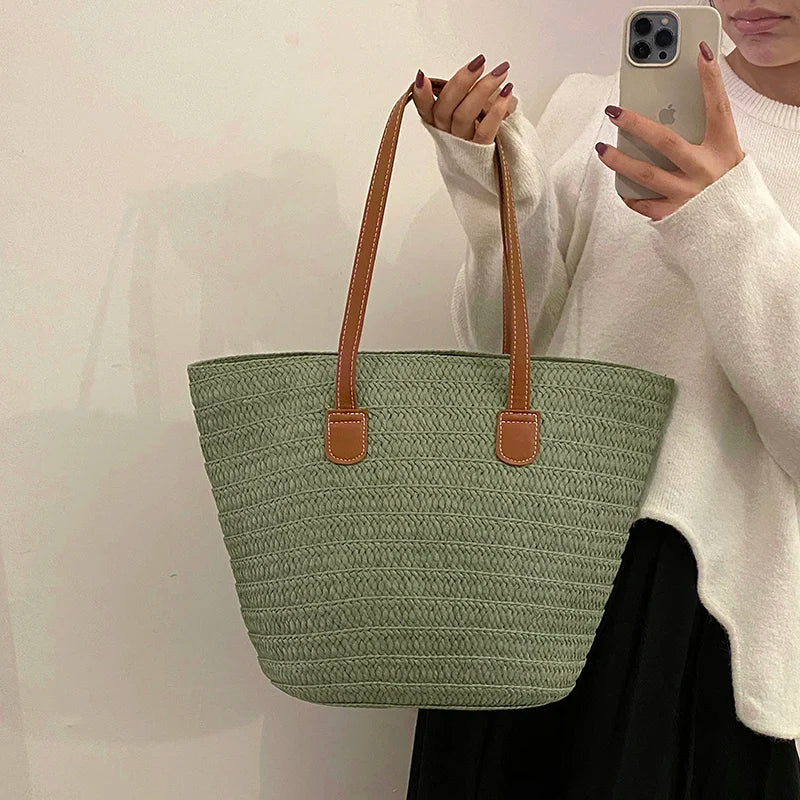 Women Braided Basket Clutches Top-handle Bag Large Straw Portable Shoulder Bag Summer Beach Party Purses Shopper Satchel Female