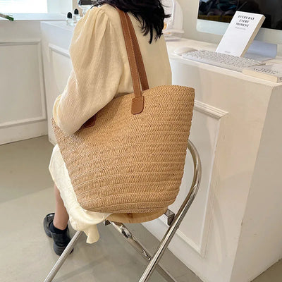 Women Braided Basket Clutches Top-handle Bag Large Straw Portable Shoulder Bag Summer Beach Party Purses Shopper Satchel Female
