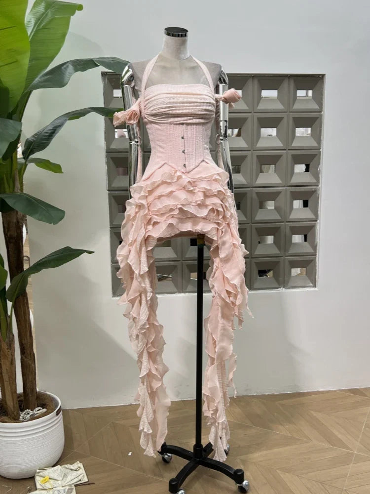 Women Ruffles Draped Dress Three Piece Sets Sexy Halter Neck Folds Ruffled Dress+Lace-up Corset Top+Shorts Suits Party Cocktail