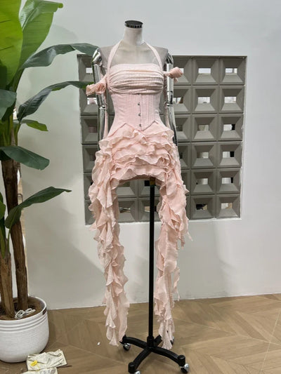 Women Ruffles Draped Dress Three Piece Sets Sexy Halter Neck Folds Ruffled Dress+Lace-up Corset Top+Shorts Suits Party Cocktail