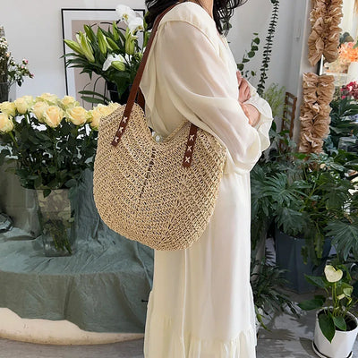 Women Braided Basket Clutches Top-handle Bag Large Straw Portable Shoulder Bag Summer Beach Party Purses Shopper Satchel Female
