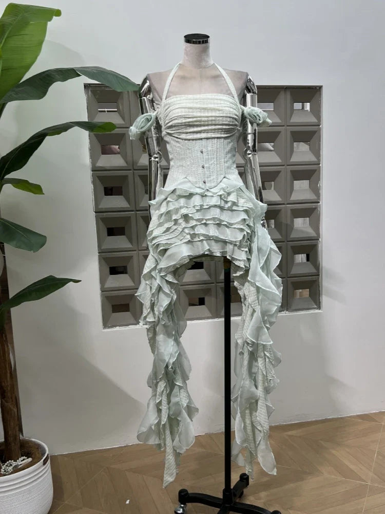 Women Ruffles Draped Dress Three Piece Sets Sexy Halter Neck Folds Ruffled Dress+Lace-up Corset Top+Shorts Suits Party Cocktail