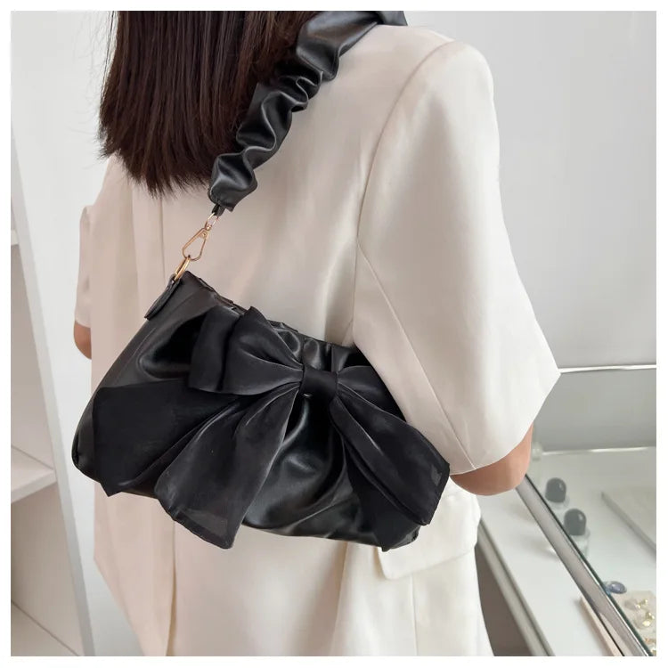 Fashion Casual Handbags For Women Cute Bow Black White Blue Kahki PU Handbags Trendy Daily Shoulder Underarm Bags bolsa feminina