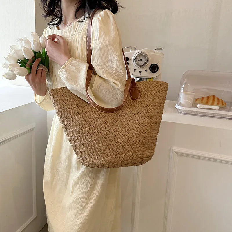 Women Braided Basket Clutches Top-handle Bag Large Straw Portable Shoulder Bag Summer Beach Party Purses Shopper Satchel Female