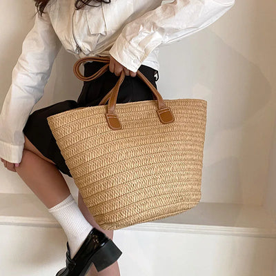 Women Braided Basket Clutches Top-handle Bag Large Straw Portable Shoulder Bag Summer Beach Party Purses Shopper Satchel Female