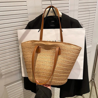 Women Braided Basket Clutches Top-handle Bag Large Straw Portable Shoulder Bag Summer Beach Party Purses Shopper Satchel Female