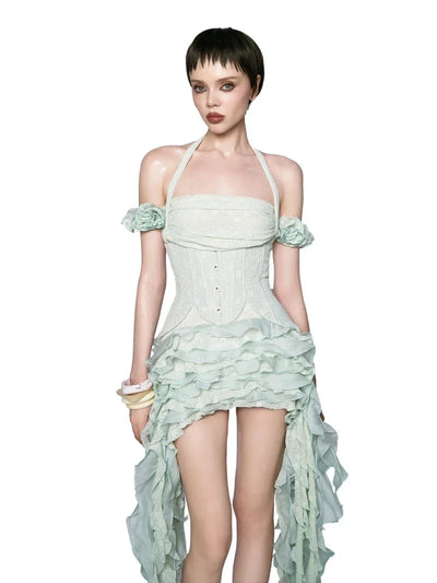 Women Ruffles Draped Dress Three Piece Sets Sexy Halter Neck Folds Ruffled Dress+Lace-up Corset Top+Shorts Suits Party Cocktail
