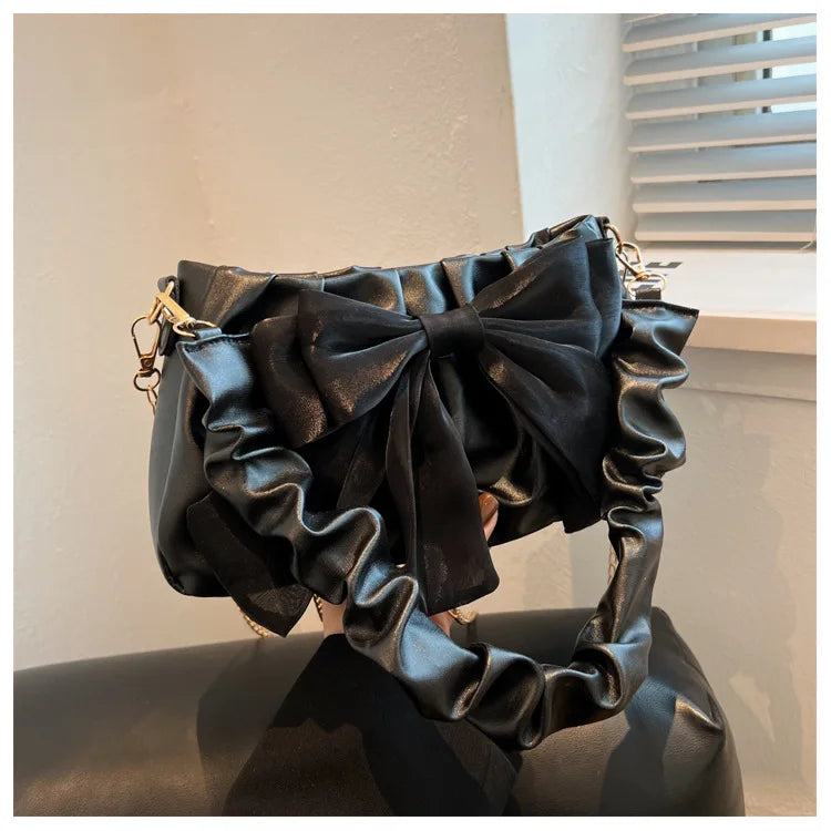 Fashion Casual Handbags For Women Cute Bow Black White Blue Kahki PU Handbags Trendy Daily Shoulder Underarm Bags bolsa feminina