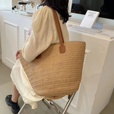Women Braided Basket Clutches Top-handle Bag Large Straw Portable Shoulder Bag Summer Beach Party Purses Shopper Satchel Female