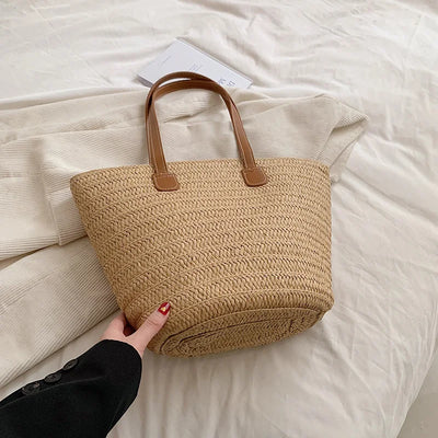 Women Braided Basket Clutches Top-handle Bag Large Straw Portable Shoulder Bag Summer Beach Party Purses Shopper Satchel Female