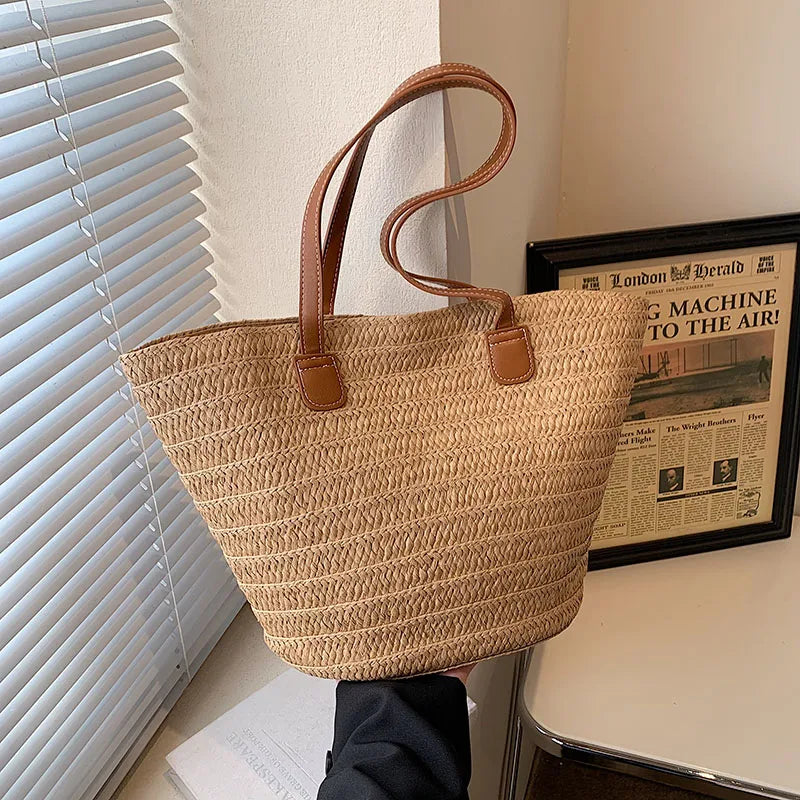 Women Braided Basket Clutches Top-handle Bag Large Straw Portable Shoulder Bag Summer Beach Party Purses Shopper Satchel Female