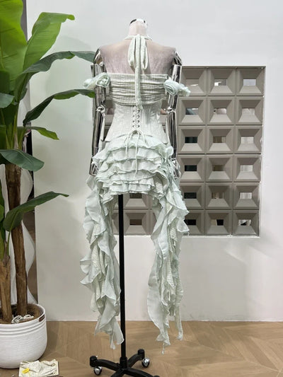 Women Ruffles Draped Dress Three Piece Sets Sexy Halter Neck Folds Ruffled Dress+Lace-up Corset Top+Shorts Suits Party Cocktail