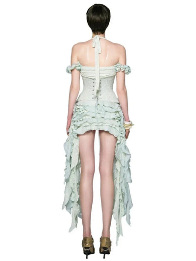 Women Ruffles Draped Dress Three Piece Sets Sexy Halter Neck Folds Ruffled Dress+Lace-up Corset Top+Shorts Suits Party Cocktail