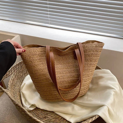 Women Braided Basket Clutches Top-handle Bag Large Straw Portable Shoulder Bag Summer Beach Party Purses Shopper Satchel Female