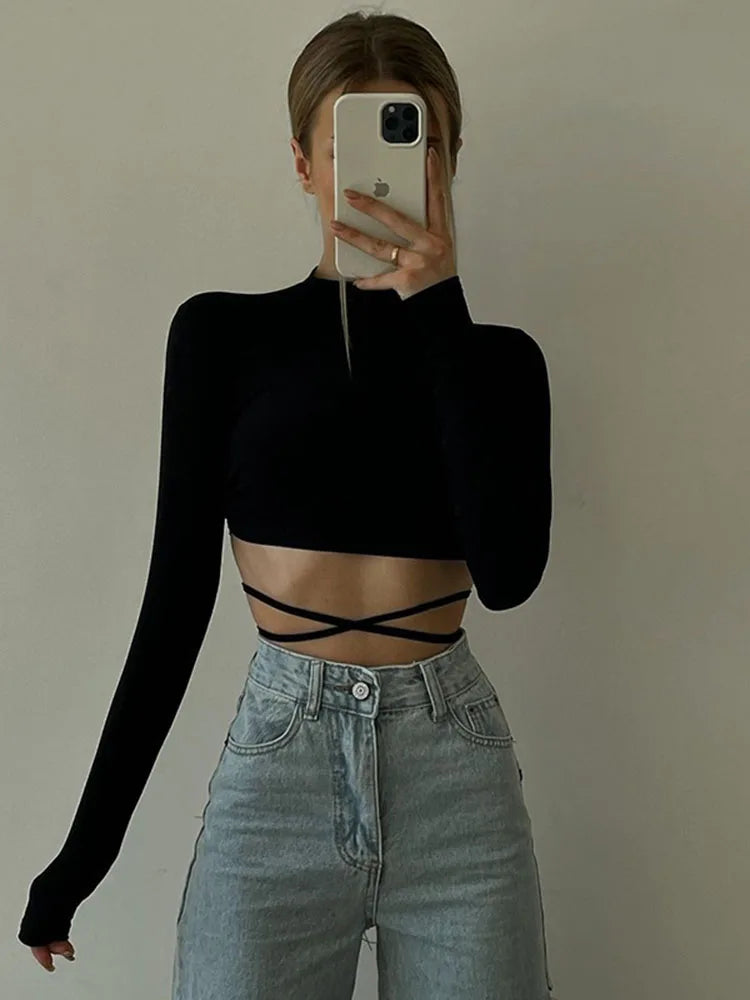 Sexy Backless Lace ups Pullover Tees Women Autumn Black O-neck Slim Longsleeve Short T-Shirt