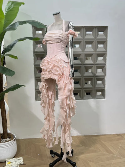 Women Ruffles Draped Dress Three Piece Sets Sexy Halter Neck Folds Ruffled Dress+Lace-up Corset Top+Shorts Suits Party Cocktail