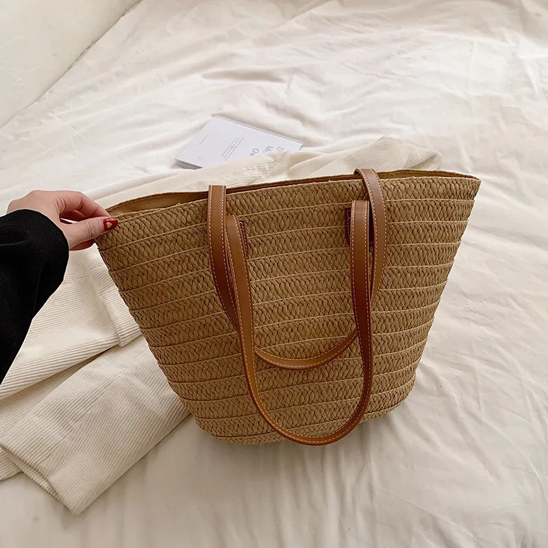 Women Braided Basket Clutches Top-handle Bag Large Straw Portable Shoulder Bag Summer Beach Party Purses Shopper Satchel Female