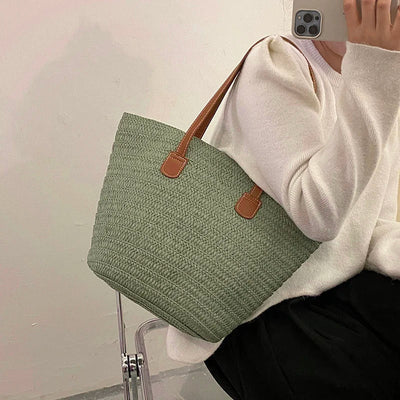 Women Braided Basket Clutches Top-handle Bag Large Straw Portable Shoulder Bag Summer Beach Party Purses Shopper Satchel Female