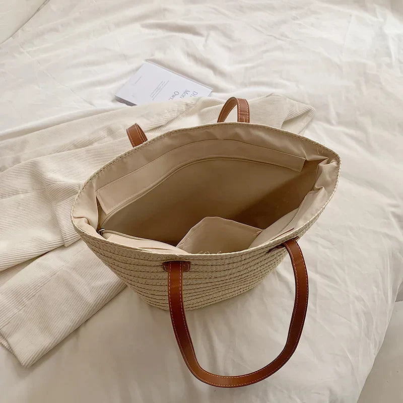 Women Braided Basket Clutches Top-handle Bag Large Straw Portable Shoulder Bag Summer Beach Party Purses Shopper Satchel Female