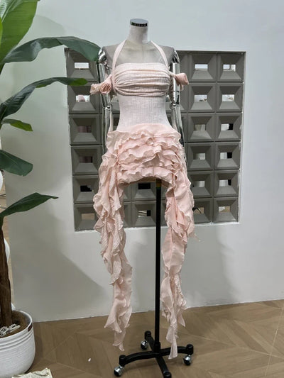 Women Ruffles Draped Dress Three Piece Sets Sexy Halter Neck Folds Ruffled Dress+Lace-up Corset Top+Shorts Suits Party Cocktail