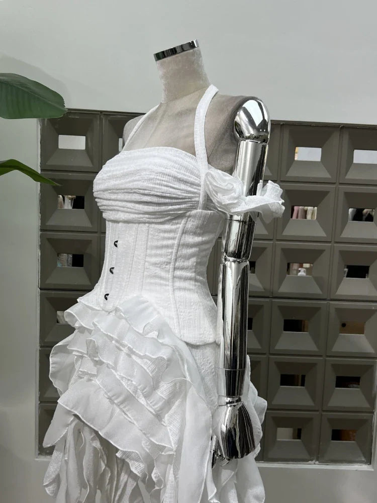 Women Ruffles Draped Dress Three Piece Sets Sexy Halter Neck Folds Ruffled Dress+Lace-up Corset Top+Shorts Suits Party Cocktail