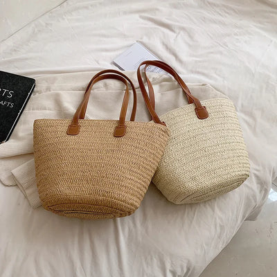 Women Braided Basket Clutches Top-handle Bag Large Straw Portable Shoulder Bag Summer Beach Party Purses Shopper Satchel Female
