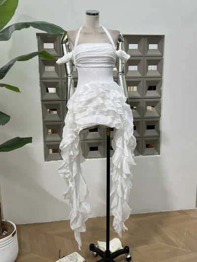 Women Ruffles Draped Dress Three Piece Sets Sexy Halter Neck Folds Ruffled Dress+Lace-up Corset Top+Shorts Suits Party Cocktail