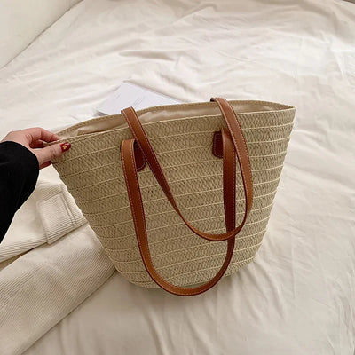 Women Braided Basket Clutches Top-handle Bag Large Straw Portable Shoulder Bag Summer Beach Party Purses Shopper Satchel Female