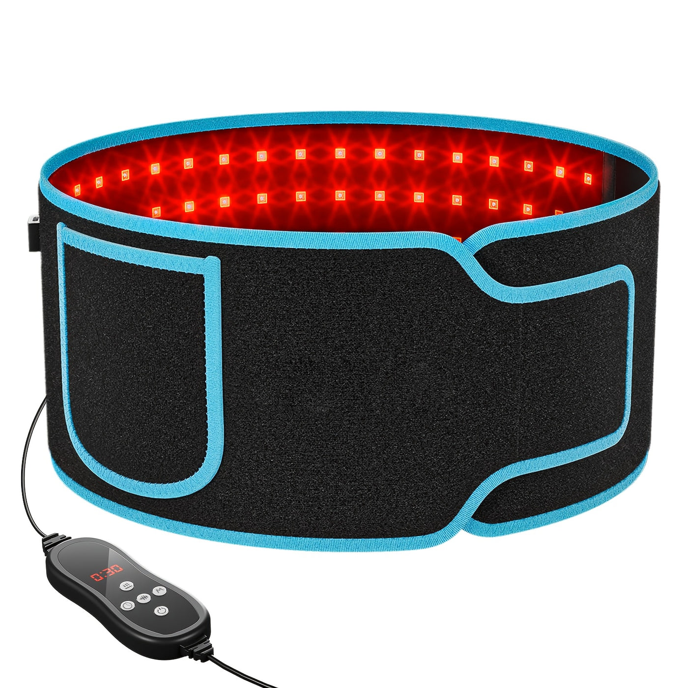 100 LED Red & Infrared Light Relaxation Massage Belt for Muscle Relaxation and Recovery, Adjustable Brightness (5 Levels), Timer Function (0-30 Min), USB Powered, Black with Blue Accents, Ideal for Waist, Back, and Full Body Relie